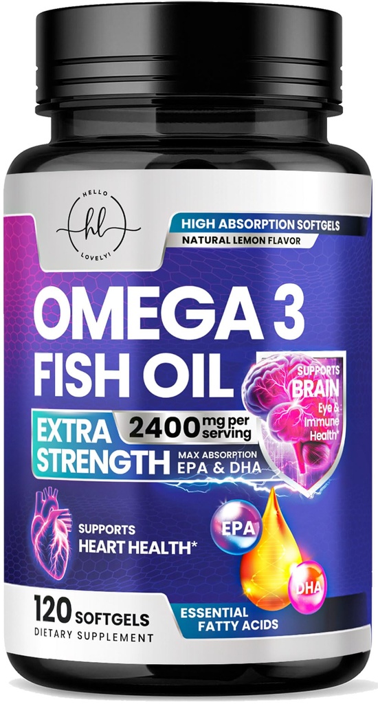 Omega 3 Fischöl-Ergänzungen 2400mg - Dreifache Stärke Omega 3 Fettsäuren, Natürliche Herz-Gesundheit Gehirn & Gelenk-Unterstützung - Fettsäuren mit EPA & DHA - Wild Caught Fish Oil Supplement - 120 Softgels