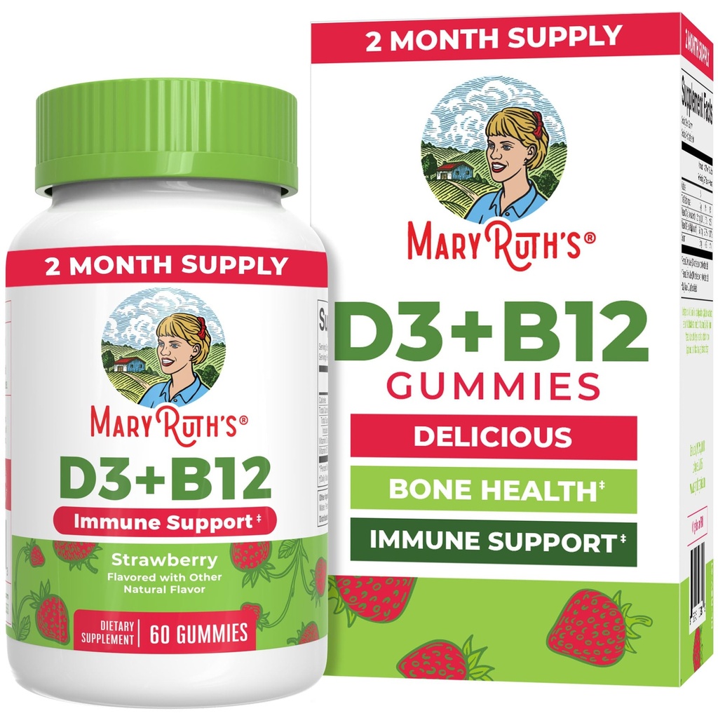 MaryRuth Organics Vegan Vitamin D3 + Vitamin B12 Gummies | 2 Monate Versorgung | Unterstützt Knochengesundheit | Immununterstützungsergänzung | Energieergänzungsmittel | Methyl B12 Vegan Non-GMO Gluten Free | 60 Servierungen