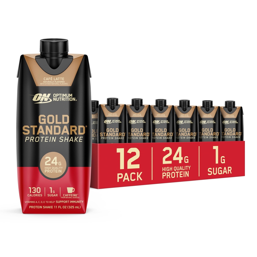 Optimum Nutrition Gold Standard Protein Shake, 24g Protein, Ready to Drink Protein Shakes, Gluten Free, Cafe Latte, 11 Fl Oz (Pack of 12)