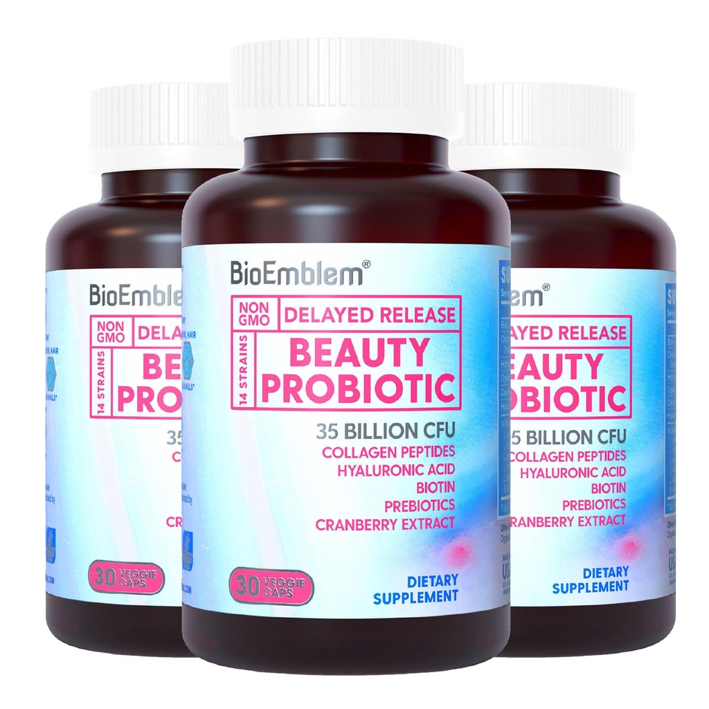 BioEmblem Probiotiques beauté pour les femmes, 35 milliards CFU 14 souches avec biotine, collagène, prébiotiques pour la santé digestive, peau et ongles capillaires, supplément probiotique vaginal, plateau stable, 90 capsules