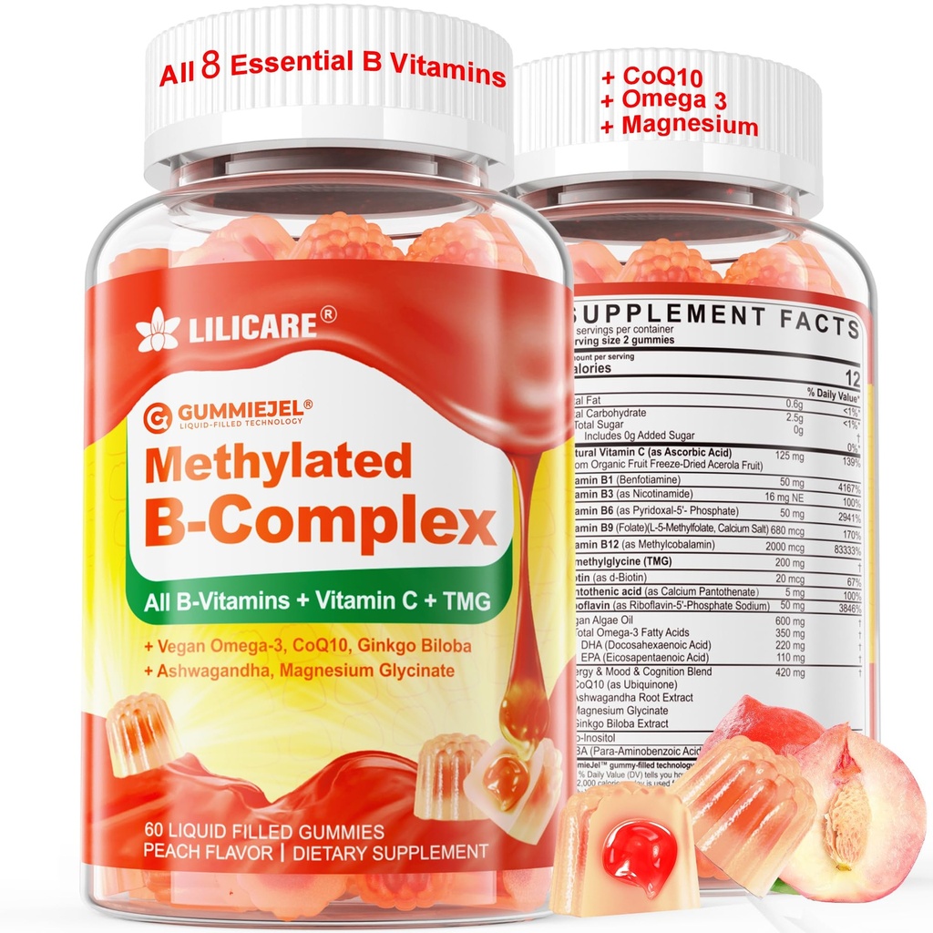 Super-Methylated Vitamin B Complex Gummies - Alle B Vitamine + Omega-3, Magnesium, CoQ10, Ashwagandha, Vitamin C, TMG- Für Frauen Männer- Methyl B12 2000 mcg, Methylfolat, B1,B2, B3,B5,B6,B7- Zuckerfrei
