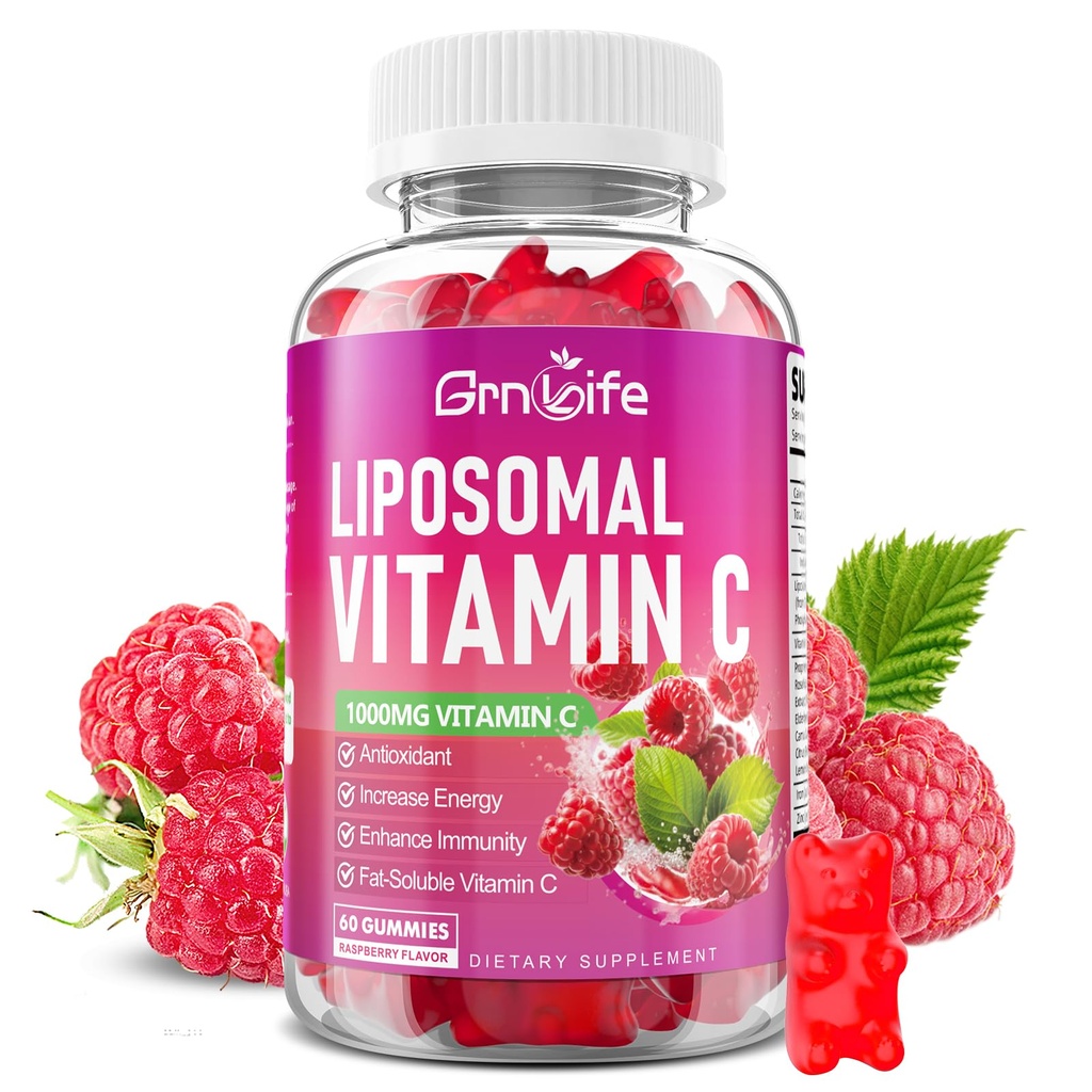 Liposomal Vitamin C 1000mg Gummies for Adults Kids, 1500mg Chewable Vitamin C w/Iron, Zinc & Elderberry - Immune Support & Energy, Collagen Booster, Raspberry, 60 Count