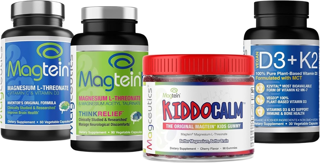 Magtein Magnesium L-Threonate 60 Capsules, Magceutics MagteinPRO 90 Capsules, KIDDOCALM Gummies 90 Capsules, Vitamin D3 K2 30 Capsules - Bundle