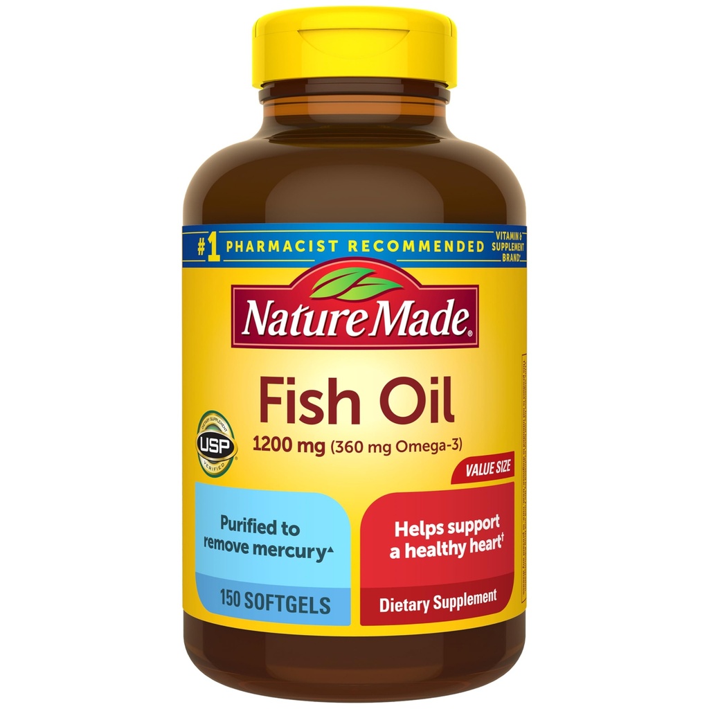 Nature Made Fish Oil Omega 3 Integratori, 1200 mg Softgels, Omega 3 Fish Oil per il supporto sano del cuore, 150 Softgels, 75 giorni di alimentazione