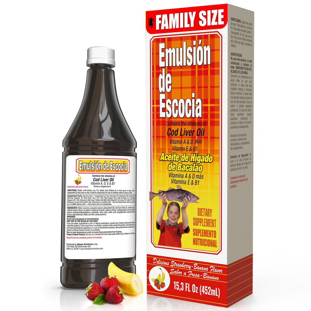 Emulsión de Escocia Cod Liver Oil – Strawberry-Banana Flavor – Vitamins A, D, E & B1 for Immune and Liver Support – Liquid Supplement for Kids – 15.3 Fl Oz | 1-Pack