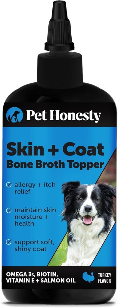 Peau de chien honnête et supplément de manteau avec de l'huile de saumon pour chiens - Démangeaisons allergènes + Santé de la peau et de la fourrure, Brosse de croûte de croûte de chien avec de l'huile de saumon, Collagène, Biotine + Vitamine E (12 oz)