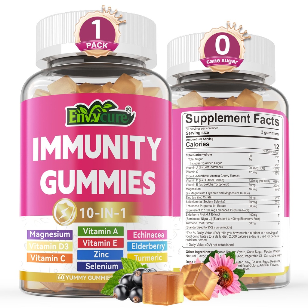 10 in 1 Immununterstützungsergänzungsgummis, w/Echinacea, Elderberry Vitamin C und Zink, Selen, Vitamin D3 5000IU, Magnesium, Tägliche Immun Booster Multivitamin, für Antioxidante Knochenenergie, 1 Packung