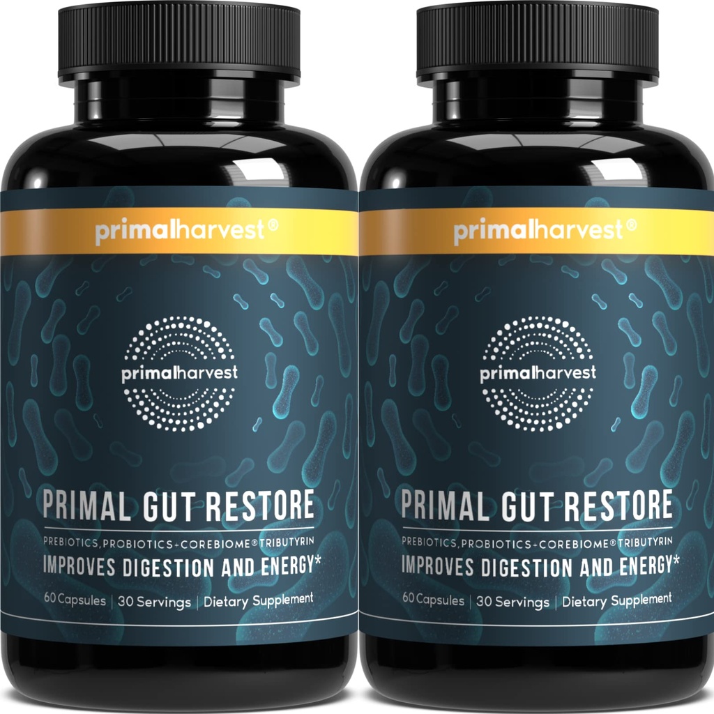 Primal Harvest 2 Pack, Restore for Gut Health, Primal Gut Restore w/POSTbiotics, PREbiotiques et PRObiotiques pour les femmes et les hommes, 60 CT - Digestion, Colon Cleanse, aide à la réparation de Gut maigre