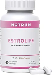 Estrolife Anti-Aging Support for Women by Nutrum, Supplément végétalien pour l'équilibre hormonal féminin à long terme, fonction ovarienne, hydratation cutanée, élasticité et fermeté, soulagement de la ménopause, 60 capsules
