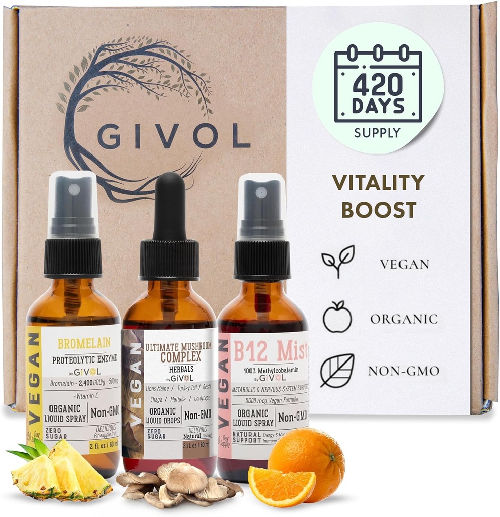 Vitality Boost Bundle Liquid Spray - Ultimate Mushroom Complex, Bromelain, B12 Methylcobalamin - Multivitamin completo - Plant-based, Non-OGM, Gluten Free, Sugar Free 2 Fl Oz (420 giorni di alimentazione)