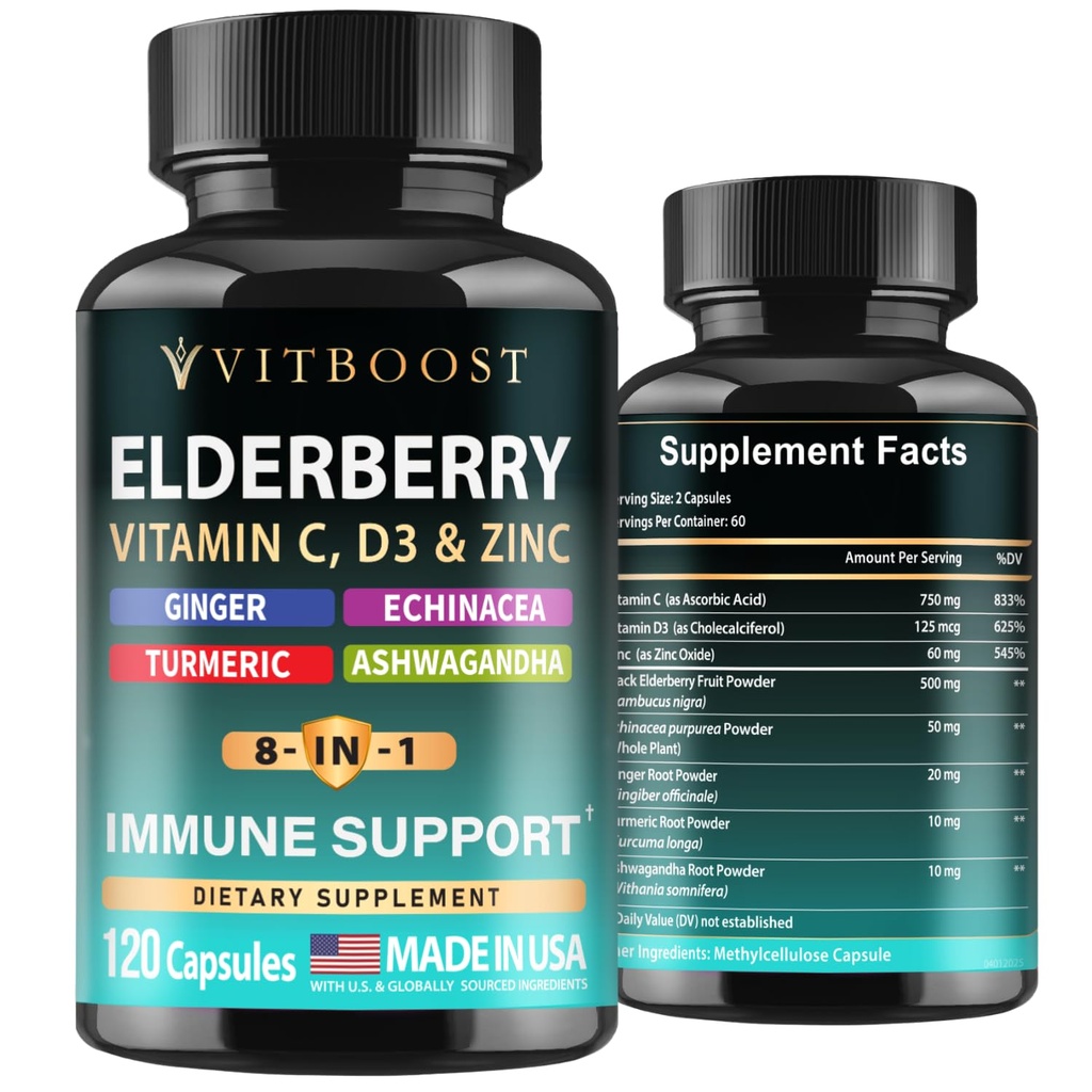 Elderberry Immune Support Supplement 8-in-1 Formula with Echinacea, Vitamin C & Zinc, Vitamin D 5000 IU, Turmeric, Ginger, Ashwagandha – 120 Capsules