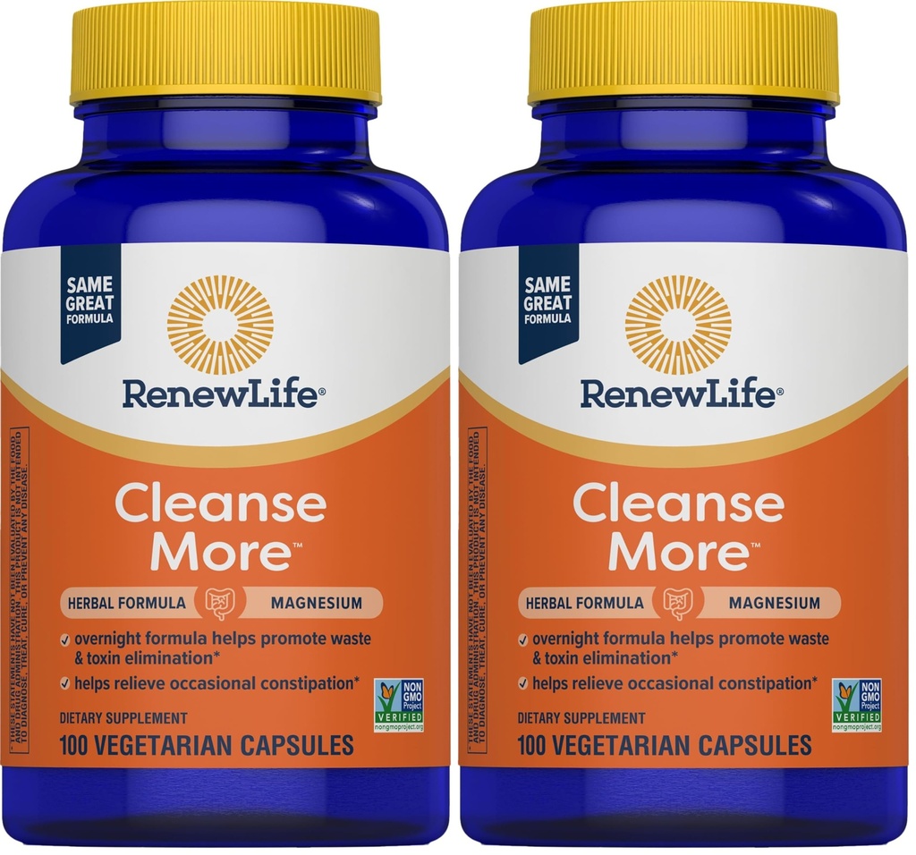 Renew Life Detox Cleanse More,Reduces Bloating and Restores Regularity,Overnight Constipation Relief,Soy,Dairy and Gluten-Free,100 Capsules,(Pack of 2)