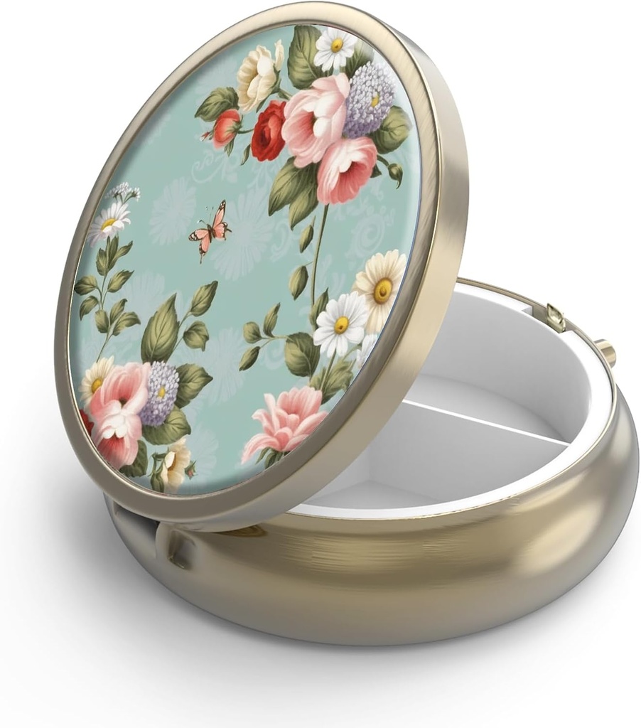 Pillola Case Pill Box con Specchio Retro 3 scomparti Piccolo Pillola Case per Purse o Pocket Bronze Small Roud Pill Box o Vitamine, Olio di Pesce, Integratori, Pillola Containe Regali di viaggio( Retro Green Floral)