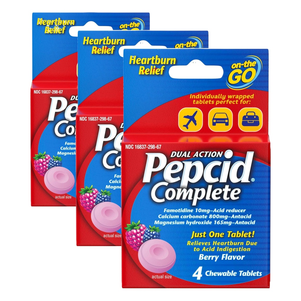 Pepcid Complete Acid Reducer + Antacid for Acid Reflux, 10mg Famotidine, 800mg Calcium Carbonate & 165mg Magnesium Hydroxide per Antacid Chew, Individual Packets, Berry Flavored, 4 ct (Pack of 3)