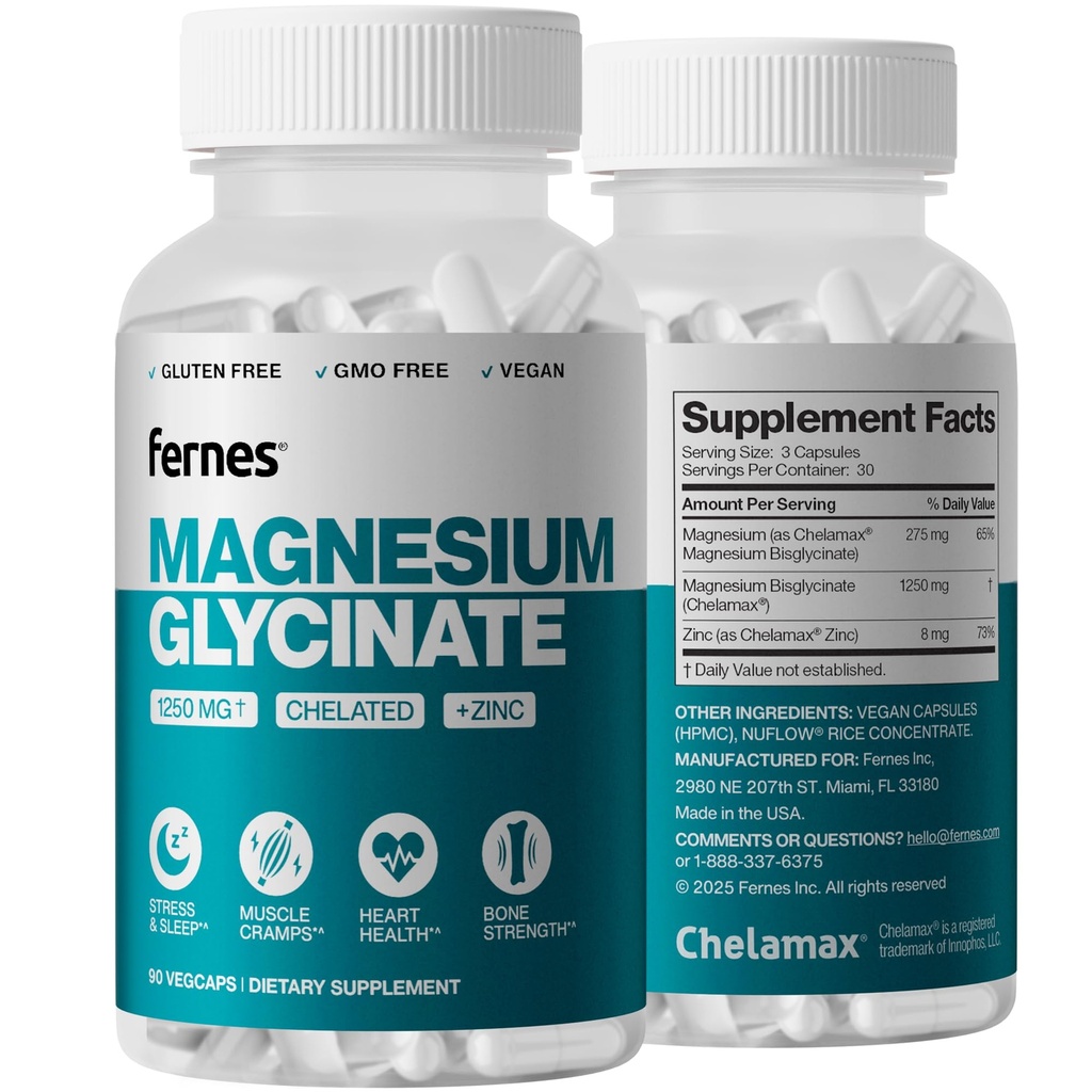 Magnesium Glycinate 1250mg with Zinc - Gentle on Stomach - Sleep, Muscle Cramp, Cardiovascular & Bone Support* for Women & Men - High Absorption, Gluten-Free, Non-GMO, Vegan (90 Caps) - Made in USA