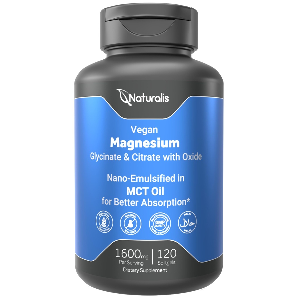 Naturalis Vegan Triple Magnesium Complex | Chelated Glycinate, Citrate & Oxide 1600mg Delivers 250mg Elemental Magnesium | Easily Absorbed for Stress, Muscle, Heart, Bone Support* | 120 Softgels