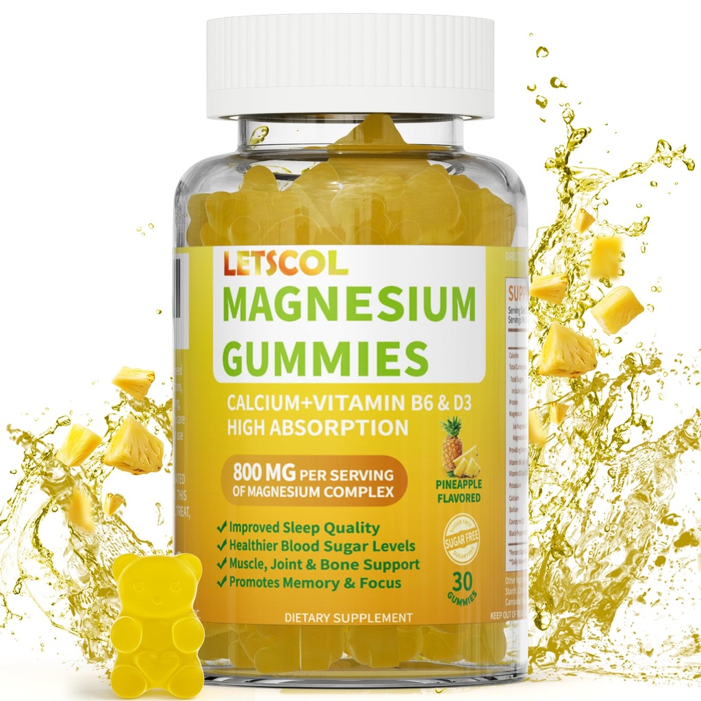 Magnesium Glycinate Gummies, Sugar Free Magnesium Supplement with Magnesium Malate, Calcium, Vitamin D3, B6, CoQ10 for Calm Support & Sleep for Adults Kids