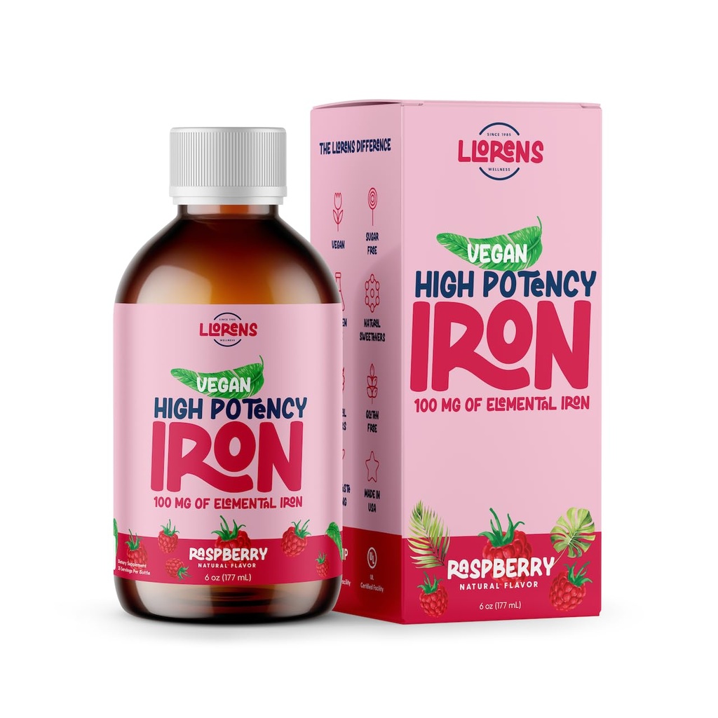 Iron Supplement Liquid Iron High Potency Iron for Women & Adults by Llorens - 100mg Polysaccharide Iron Complex Iron Supplements for Anemia and Iron Deficiency, (Raspberry, 6 oz)