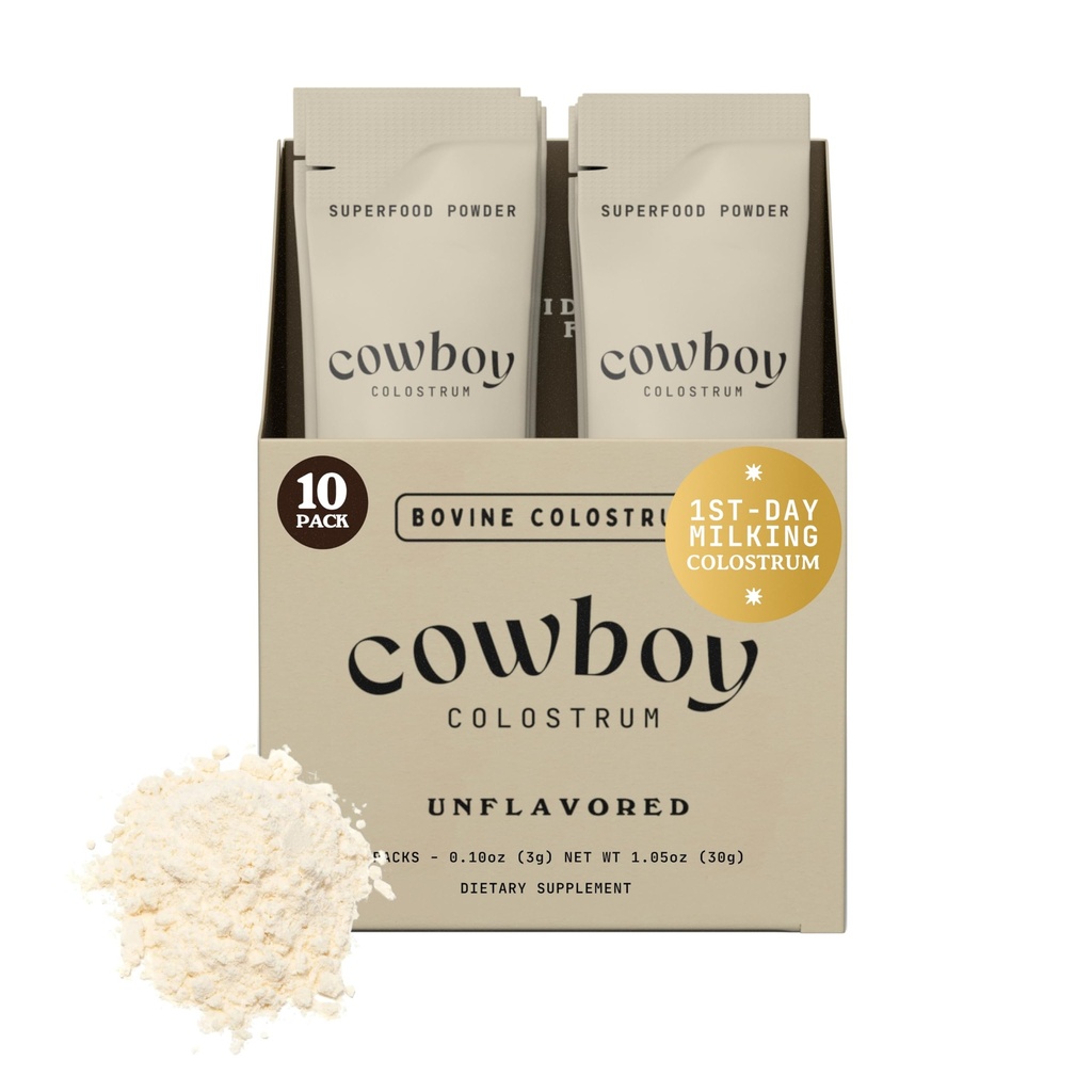 Cowboy - The Exclusive 1st Milking, Whole, Grass Fed Colostrum Supplement for Full Body Health - Bovine Colostrum Powder Packed w/Bioactive Nutrients (10 Travel Packs - Unflavored)