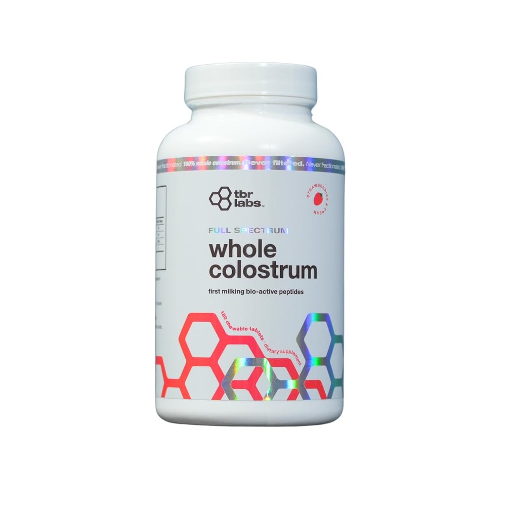 Bovine Colostrum Powder, Grass Fed, Gut Health, Bloating, Immunity, Skin & Hair, 400+ Bioactive Nutrients, Potent Bioavailable - Strawberries & Cream - 180 Tablets (90 Servings)