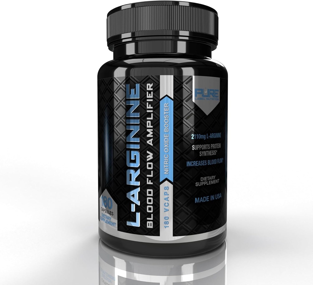 Pure Label Nutrition L Arginine Kapseln, Nitric Oxide Booster, Amino Säure Ergänzung für Männer und Frauen, hilft Muskel- & Stärke und Energie zu bauen, Blutfluss Unterstützung - 180 Kappen