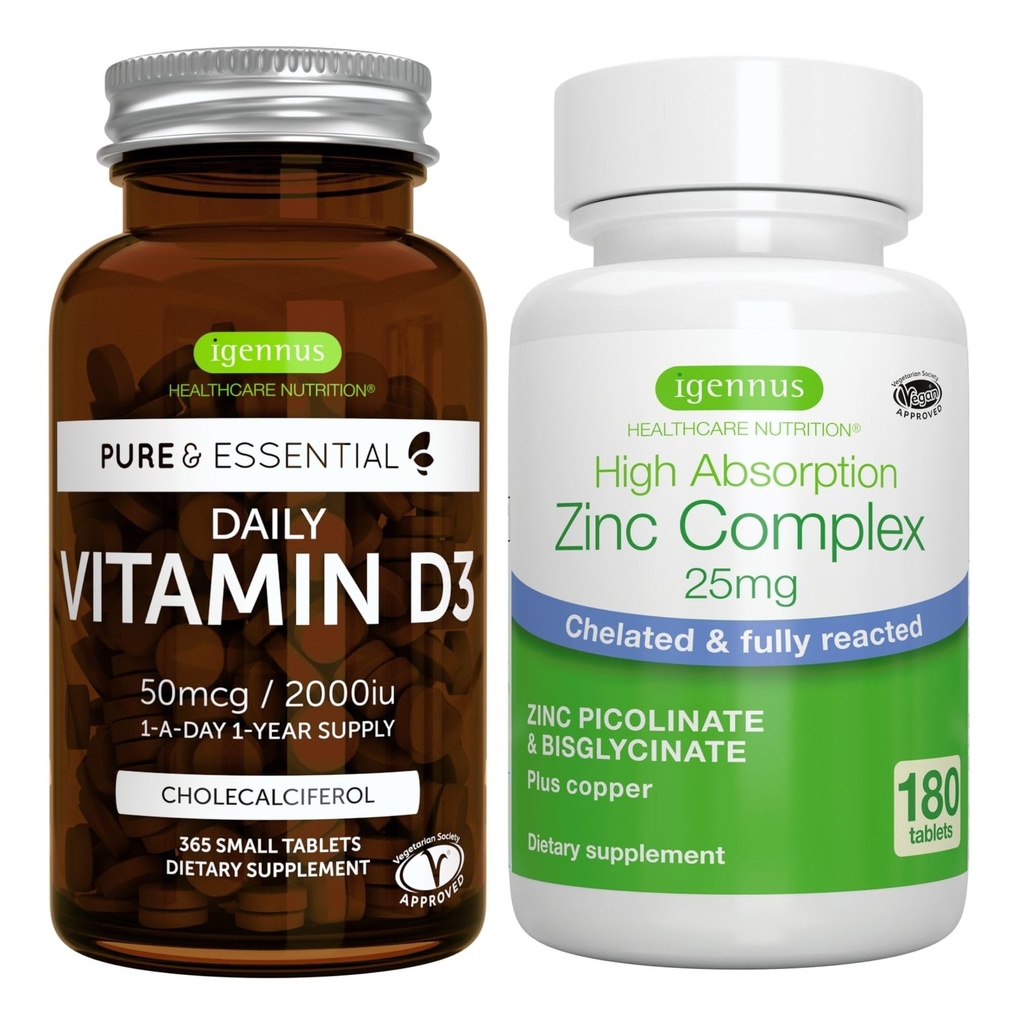 Tägliche Vitamin D3 + Zink Complex Vegetarische Bundle, 365 2000iu Vitamin D3 Tabletten + 25 mg Chelat Zink Picolinat & Bisglycinat mit Kupfer, von Igennus