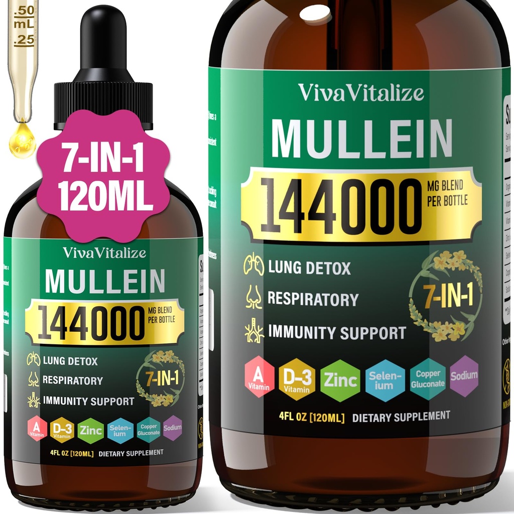 Mullein Tropfen für Lunge,144000mg Mullein Blatt Extrakt für Lunge Cleanse & Respiratory Function Gesunde Atmung Immune, Verdauungssystem, Natürliche Kräuterergänzung Zucker & Alkoholfrei, 120-Tag Versorgung
