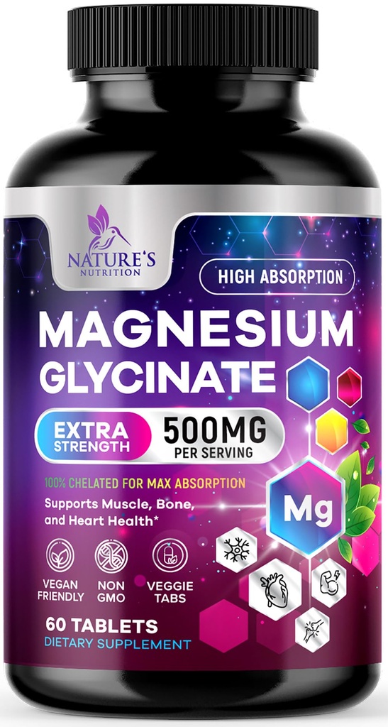 Magnesio Glycinate 500mg - Chelated for Ultra Absorption - Supporta Bone, Muscolo, Neves & Heart Health, supporto per il sonno della natura, migliori pillole per il supplemento di magnesio per il supporto del corpo intero - 60 compresse