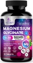 Glycinate de magnésium 500mg - Chélaté pour l'ultra absorption - Soutiens os, muscles, nerfs et santé cardiaque, soutien du sommeil de la nature, Meilleur supplément de magnésium pilules pour le soutien du corps entier - 60 comprimés