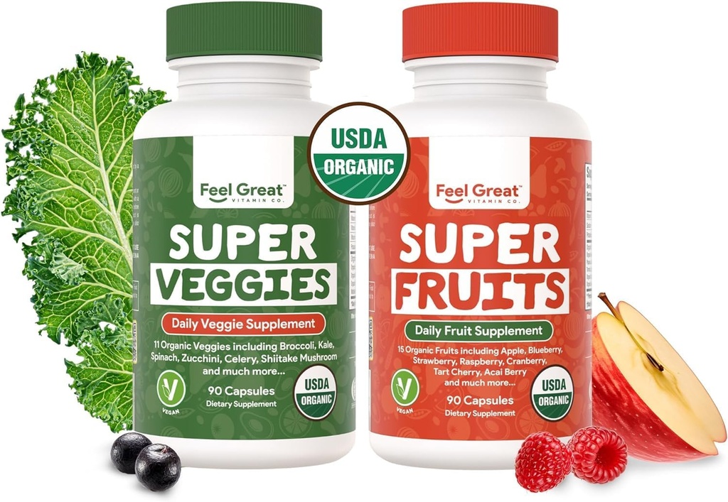 Feel Great USDA Organic Fruit and Vegeta Supplements | 20+ Super Reds & Greens for Natural Energy Support | Vegan Fruit and Veggie Vitamins | 2 Pack of 90 Count