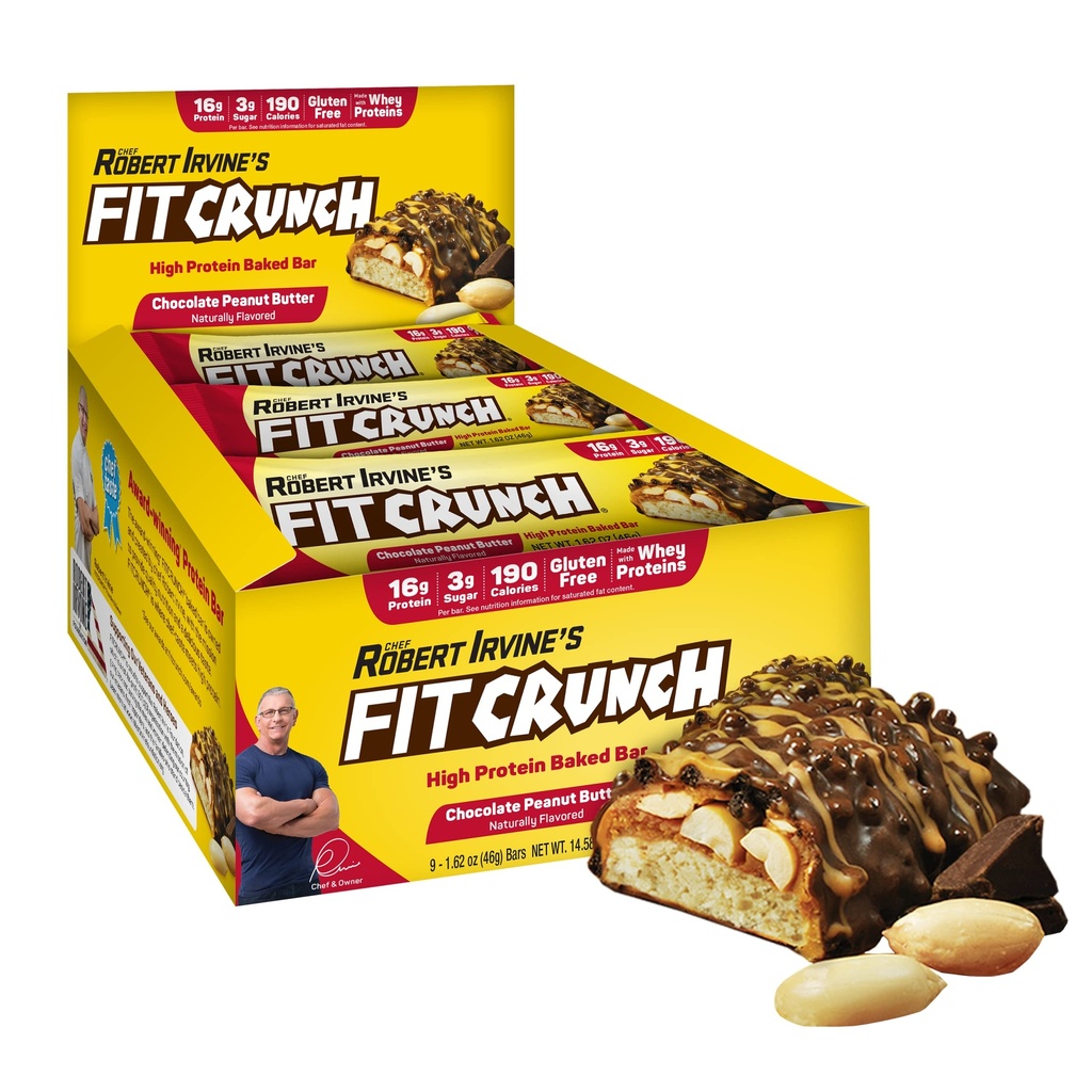 FITCRUNCH Snack Size Protein Bars, 6-Layer Baked Bar, 3g of Sugar, Gluten Free & Soft Cake Core (9 Bars, Chocolate Peanut Butter)