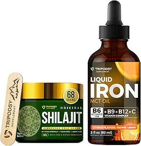 Supplemento di ferro liquido con vitamine B6, B9, B12, C, Folate & MCT olio (2 Fl Oz, Citrus) + Pure Himalayan Shilajit Resina 600mg per il supporto immunitario & energia (68g)