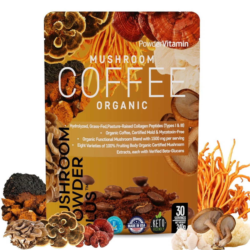 PowderVitamin Organic Mushroom Coffee Certified Mold & Mycotoxin-Free GrassFed Collagen Tipi I & III 8 Funghi del corpo di fruttificazione testati per Beta-Glucans Focus Energy Digestion & Immunity 30 Servings