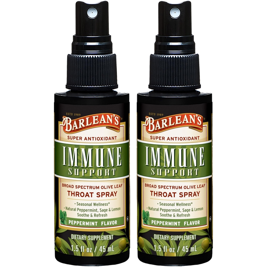 Spruzzo della gola del complesso delle foglie di oliva 2 Pack di Barlean con menta piperita, limone e salvia per il sollievo della gola di prurito, supplemento di supporto immunitario, estratto misto liquido, 1,5 oz
