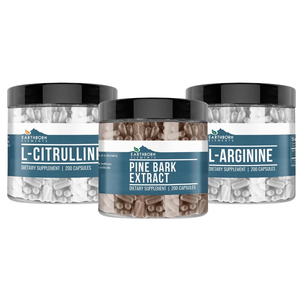 Earthborn Elements Pine Bark, L-Arginin, & L-Citrulline Capsule Bundle, 200 Kapseln Jeder, Pure & Undiluted, Keine Zusatzstoffe