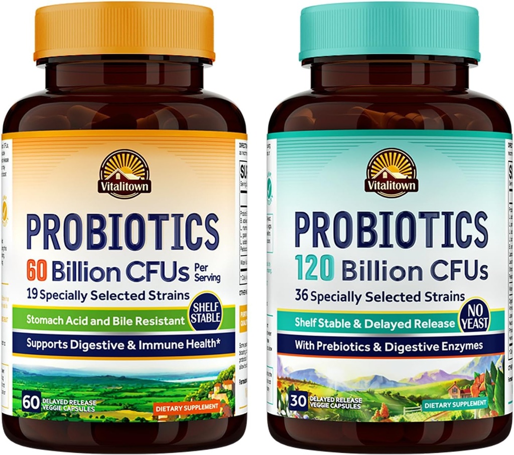 Vitalitown Probiotic Bundle (Pack mit 2) | Probiotics 60 Billion CFUs (Item 1) & Probiotics 120 Billion CFUs (Item 2) | Shelf Stable | Digestive & Immune Health | 30 Day Supply