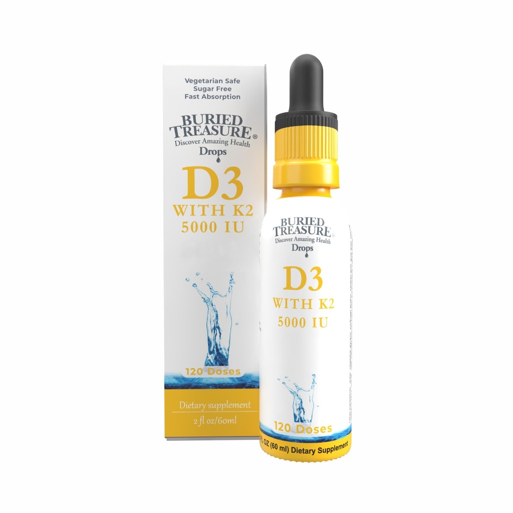 Buried Treasure Vitamin D3 & K2 Tropfen - 5000 IU D3 mit 100 mcg K2 für Knochen, Herz- und Immununterstützung, Sugar Free, 2 fl oz
