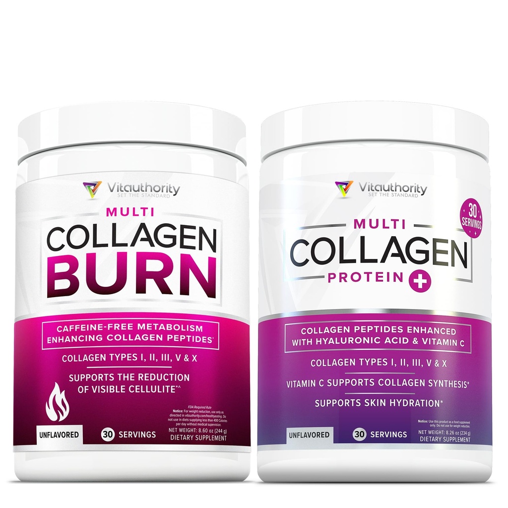 Vitauthority Multi Collagen Burn Unflavored: Hydrolyzed Protein Peptides with Hyaluronic Acid and Multi Collagen Peptides Powder for Women - Hydrolyzed Collagen Powder Unflavored 30 Servings