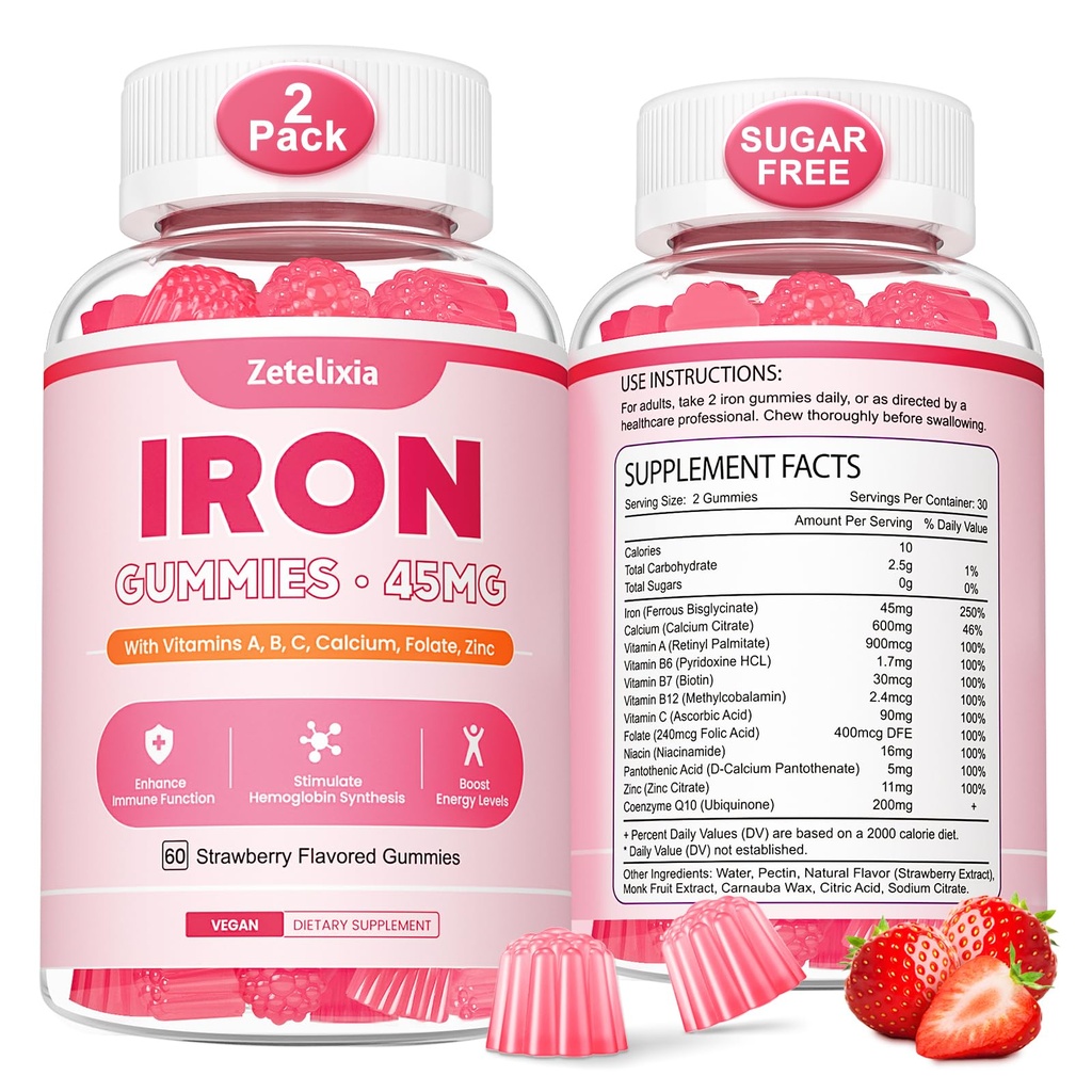 Gommies de supplément de fer Vegan 2 paquets pour les femmes et les hommes, Anémie, Constructeur de sang et soutien énergétique pour le déficit en fer, avec vitamine C, complexe A, B, folate, CoQ10, sans sucre, non-OGM, 120 comte