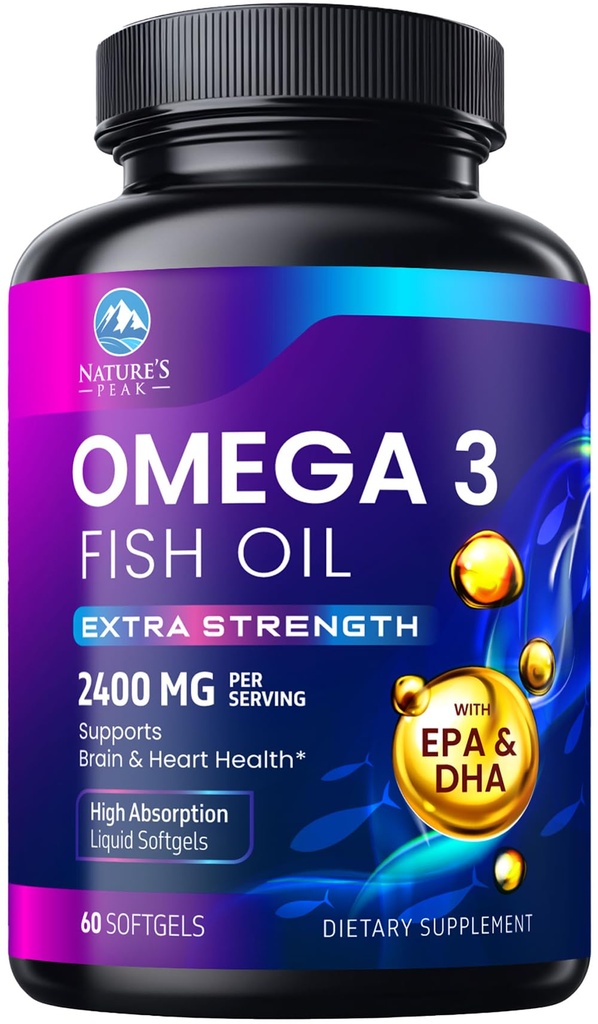 Omega 3 Fish Oil 2400 mg Supplement, Sustainable Sourced, Dreifache Stärke Omega-3 Supplement Softgels, Gehirngesundheitsunterstützung, EPA & DHA Fish Oil Fatty Acids Supplements, Gluten & GMO Free, 60 Softgels