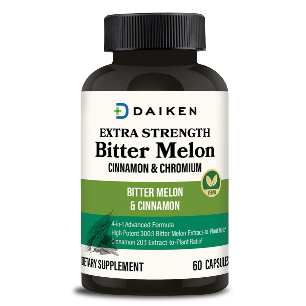 DAIKEN Bitter Melon, Cinnamon & Chromium, 90 000 mg Équivalent Par Servant Extra Strength, 100 % Végétarien Bitter Melon Capsules avec Cinnamon Chromium & Zinc, 60 Capsules