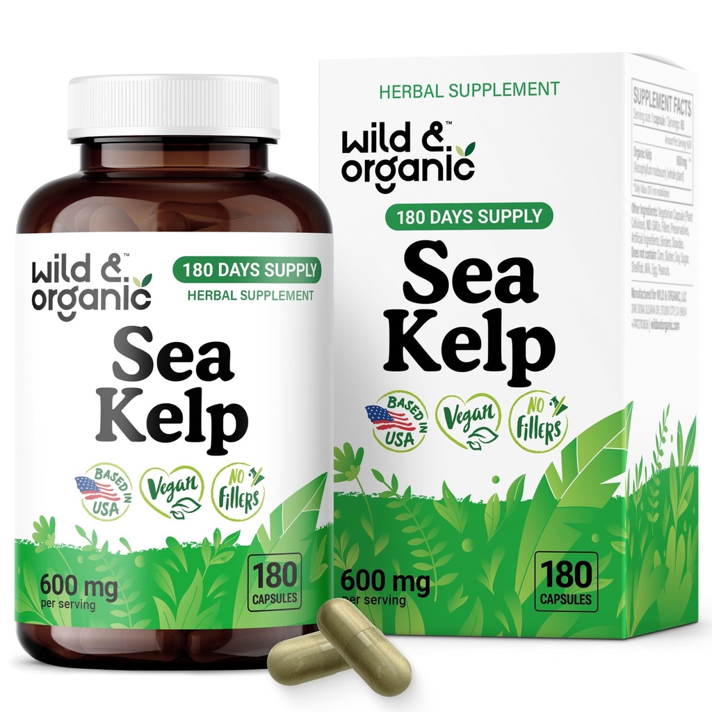 Wild & Organic Sea Kelp Capsules 600 mg - Immune & Overall Support - Sea Kelp Iodine Supplement for Men & Women - Ocean Seaweed Supplement - Vegan, No Fillers, Non-GMO - 180 Count