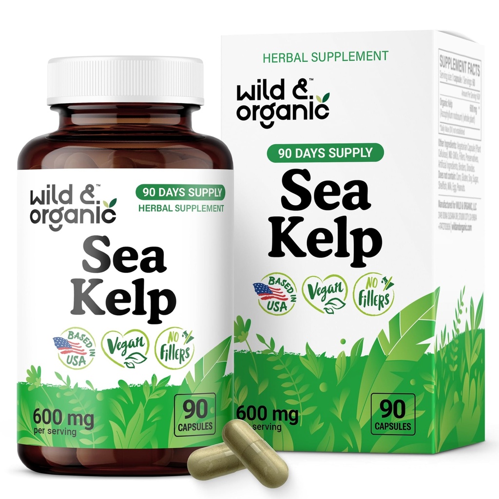 Wild & Organic Sea Kelp Supplement Capsules 600 mg - Immune & Overall Support - Sea Kelp Iodine for Men & Women - Ocean Seaweed Supplement - Vegan, No Fillers, Non-GMO - 90 Count