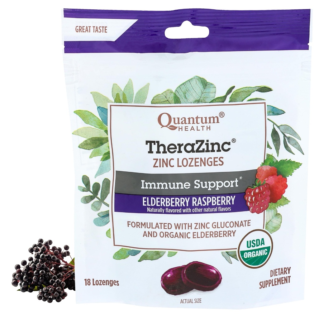 Quantum Health TheraZinc Organic Zink Lozenges Elderberry & Honey - Immununterstützung für Erwachsene & Kinder 12+ Natürlich aromatisierte Himbeer Fast Relief mit Kein Nachgeschmack - 18 Zähler