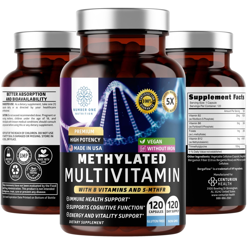 Number One Nutrition Methylated Multivitamin for Women & Men, Natural Daily Multivitamins with Folate, Vitamin B12, Vitamin B2 and B6, Non-GMO, Gluten-Free, 120 Caps