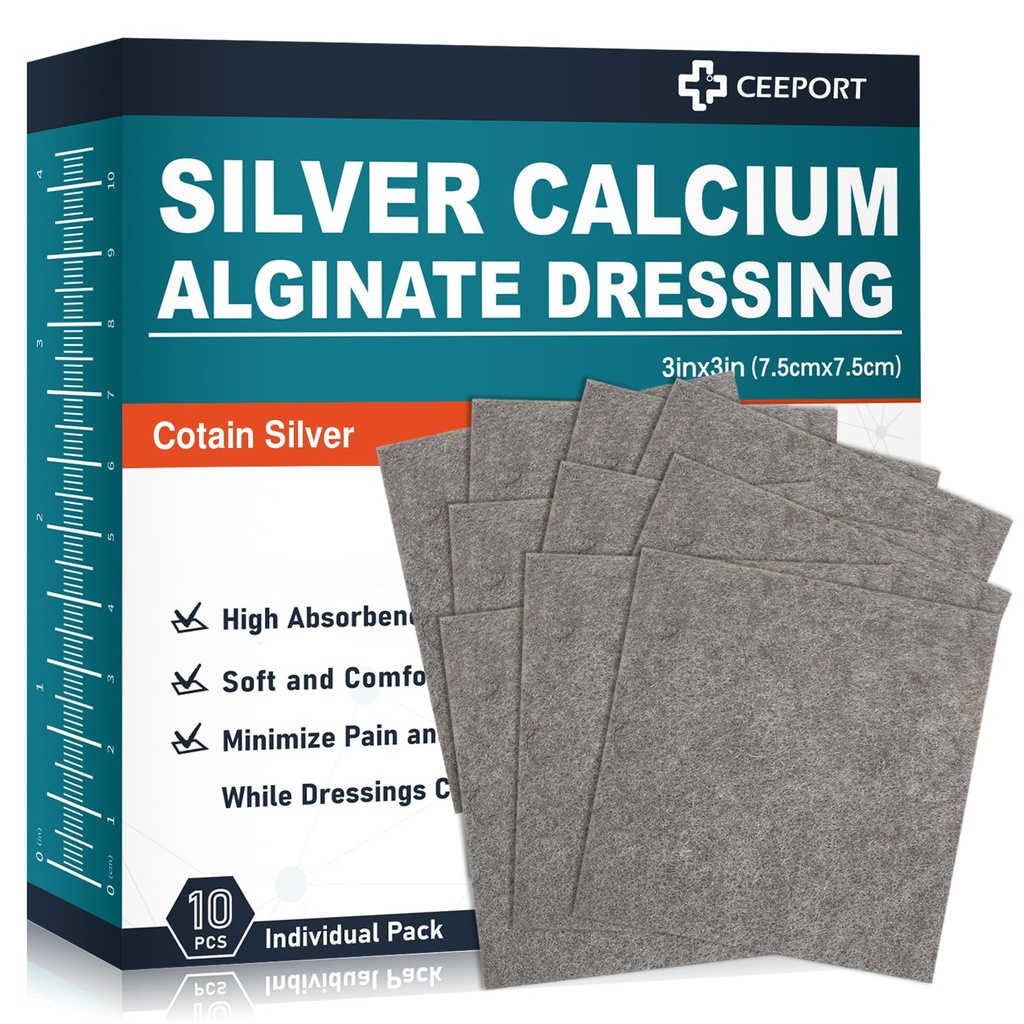 Ag Silver Calcium Alginate Wound Dressing Pads 3'' x 3'' (paquet de 10), Dressing doux en argent très absorbant, habillage non adhésif pour soins des blessures, tampons de suppression sans douleur pour les blessures