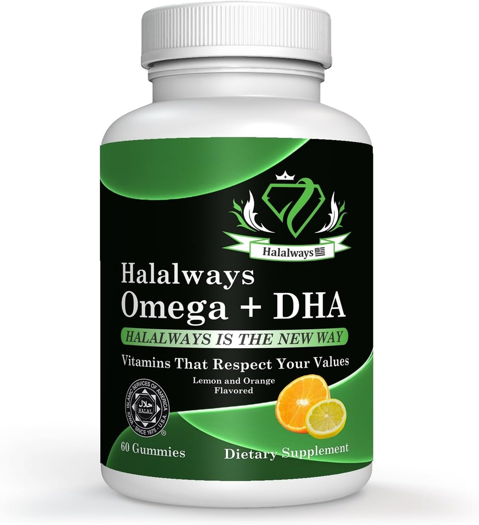 Halalways Omega + DHA-Gummien - Dreifache Stärke Omega 3 Fischöl-Gummi-Vitamine mit DHA-Fettsäuren, Nature's Heart Health, Orange &amp; Zitronen Flavor Zertifizierte Halalergänzung