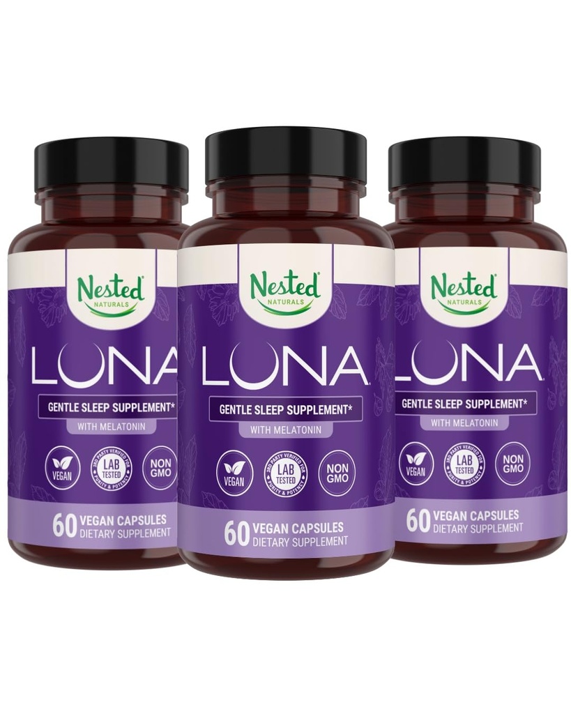 Nested Naturals Luna Kräuterschlaf Ergänzung mit Melatonin, Valerian Root, Kamille | 180 Vegan Kapseln (3-Pack) - 60 Kapseln pro Flasche