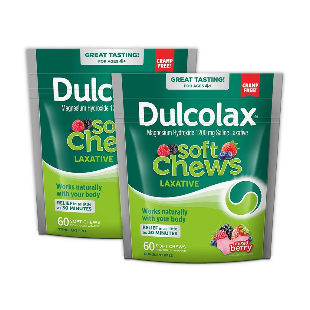 Dulcolax Soft Chews Saline Laxative Mixed Berry (60ct) Gentle Constipation Relief, Magnesium Hydroxide 1200mg (Pack of 2)