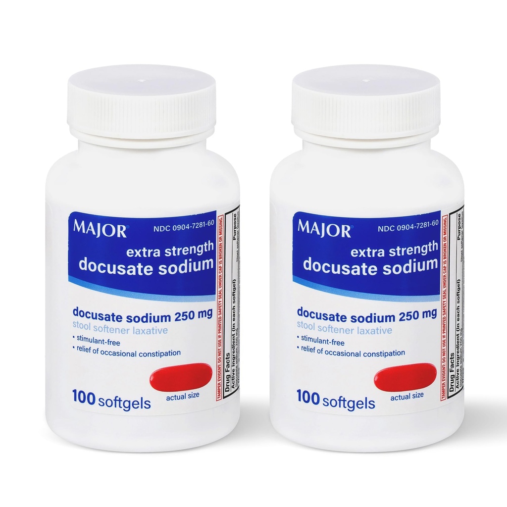 MAJOR Docusate Sodium 250 mg, Extra Strength Stool Softener Laxative for Occasional Constipation Relief – Stimulant‑Free, 100 Softgels (2 Pack)